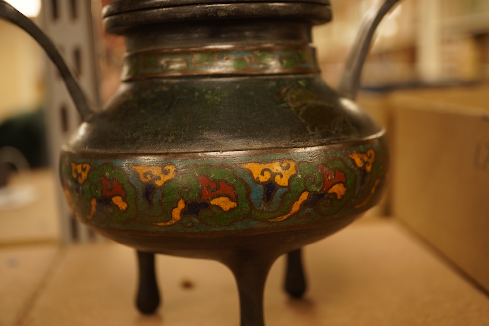 A Japanese twin handled champleve enamel koro and cover, 15cm high